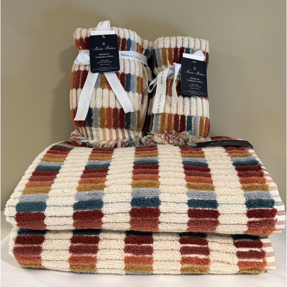 Brooks Brothers 2 Bath 2 Hand 2 Tip Towels Tiles Fall  Multicolored 100% Cotton